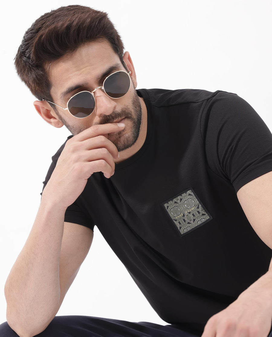 Rare Rabbit Men's Leonel Black Cotton Blend Embroidered Regular Fit Half Sleeve Crew Neck T-Shirt