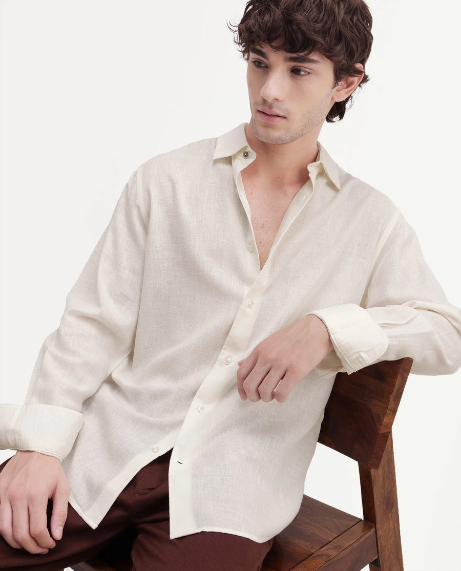 Rare Rabbit Men's Lewan-Ls Primary Off White Linen Blend Spread Collar Regular Plain Shirt