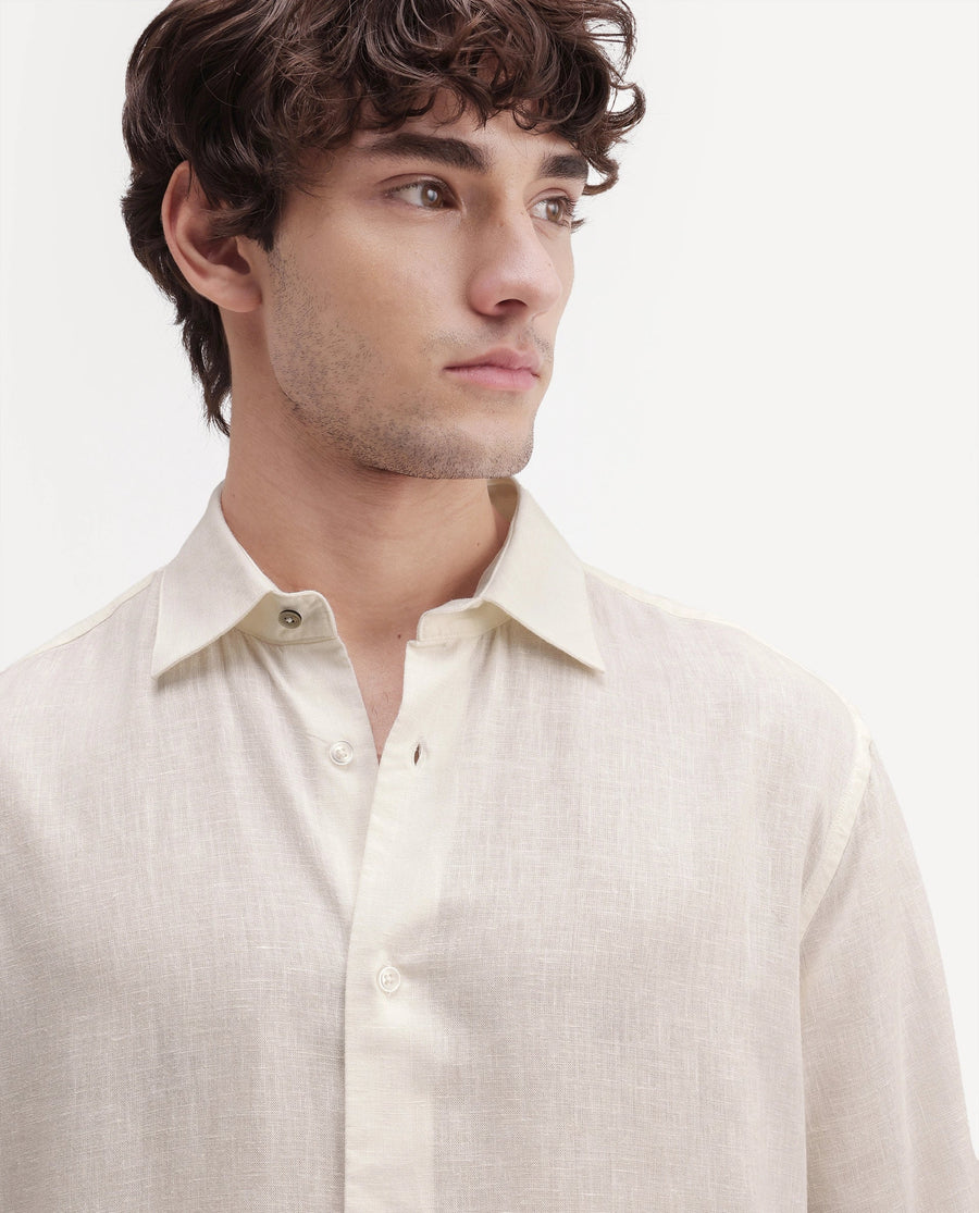 Rare Rabbit Men's Lewan-Ls Primary Off White Linen Blend Spread Collar Regular Plain Shirt