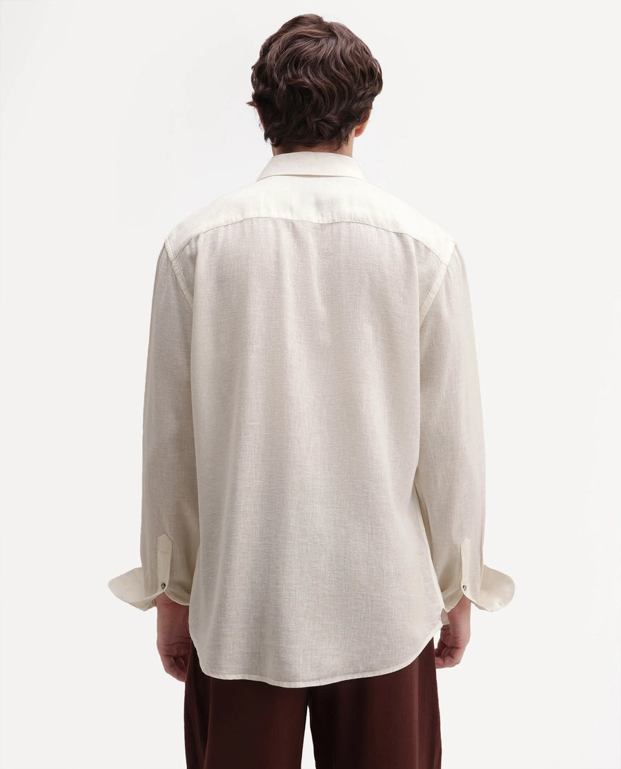Rare Rabbit Men's Lewan-Ls Primary Off White Linen Blend Spread Collar Regular Plain Shirt