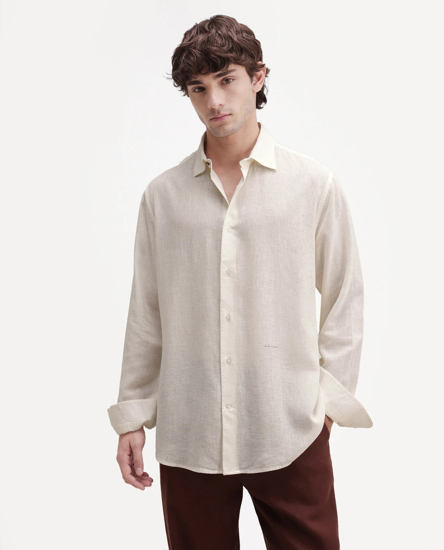 Rare Rabbit Men's Lewan-Ls Primary Off White Linen Blend Spread Collar Regular Plain Shirt
