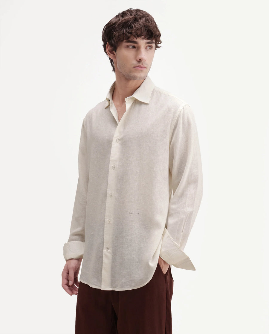 Rare Rabbit Men's Lewan-Ls Primary Off White Linen Blend Spread Collar Regular Plain Shirt