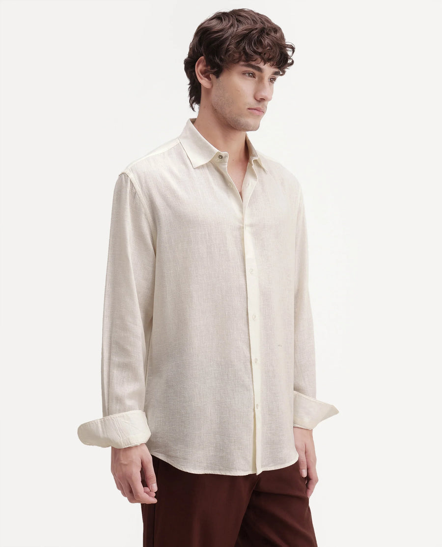 Rare Rabbit Men's Lewan-Ls Primary Off White Linen Blend Spread Collar Regular Plain Shirt