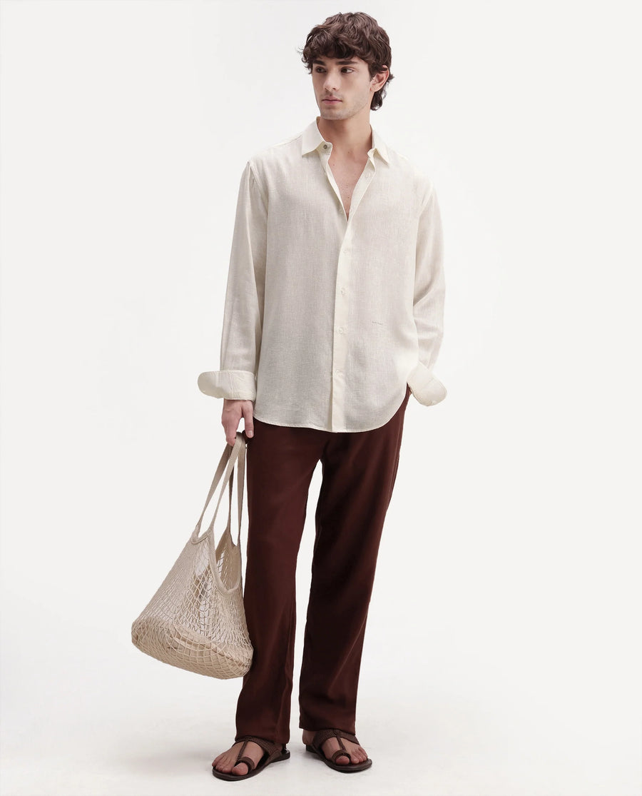 Rare Rabbit Men's Lewan-Ls Primary Off White Linen Blend Spread Collar Regular Plain Shirt