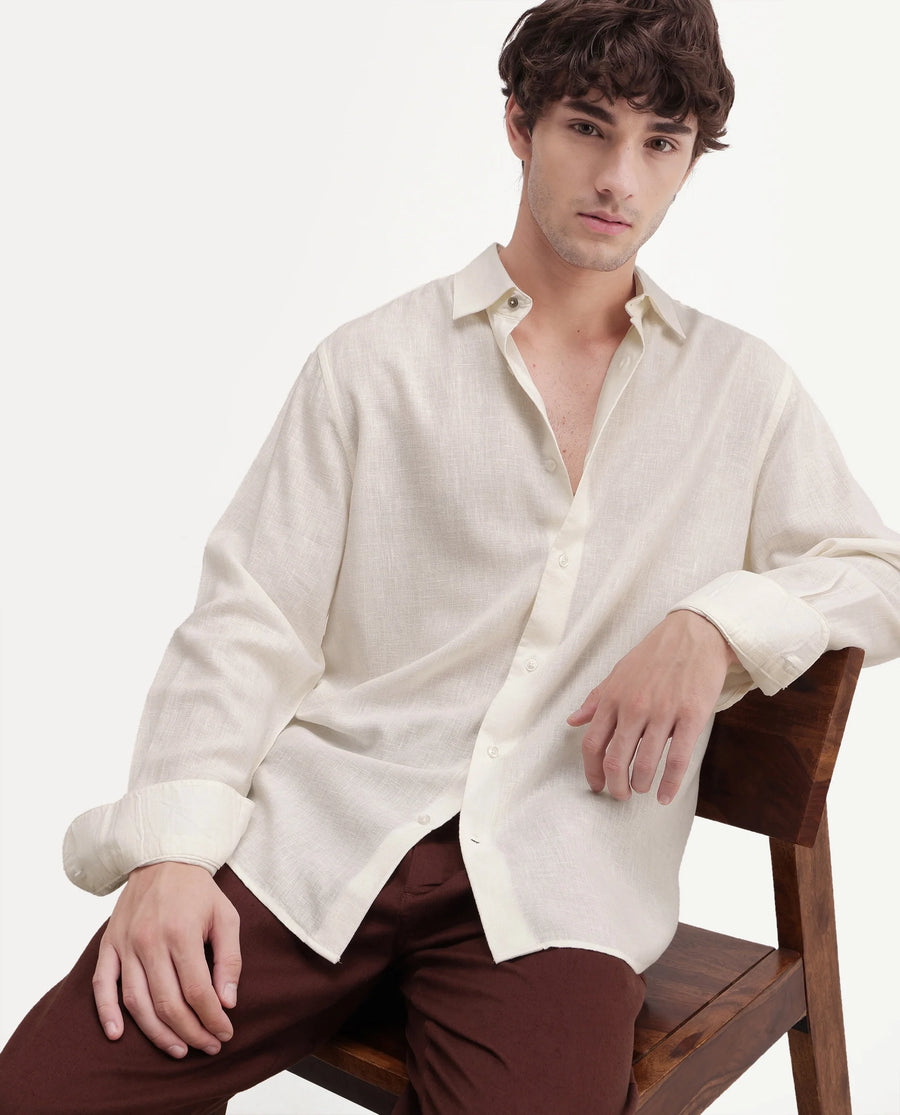 Rare Rabbit Men's Lewan-Ls Primary Off White Linen Blend Spread Collar Regular Plain Shirt