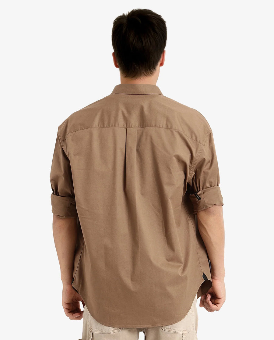Rare Rabbit Men's Lewi Khaki Cotton Plain Boxy Fit Full Sleeve Collared Shirt