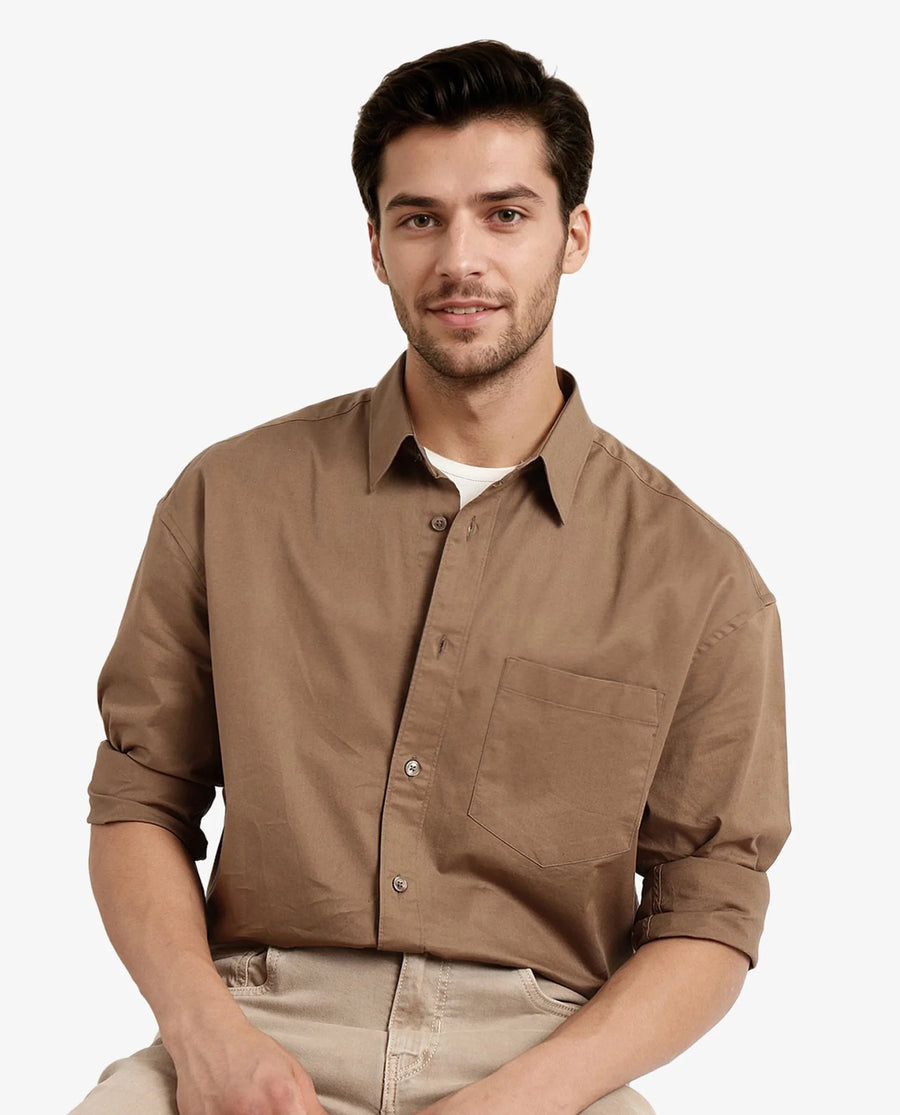 Rare Rabbit Men's Lewi Khaki Cotton Plain Boxy Fit Full Sleeve Collared Shirt
