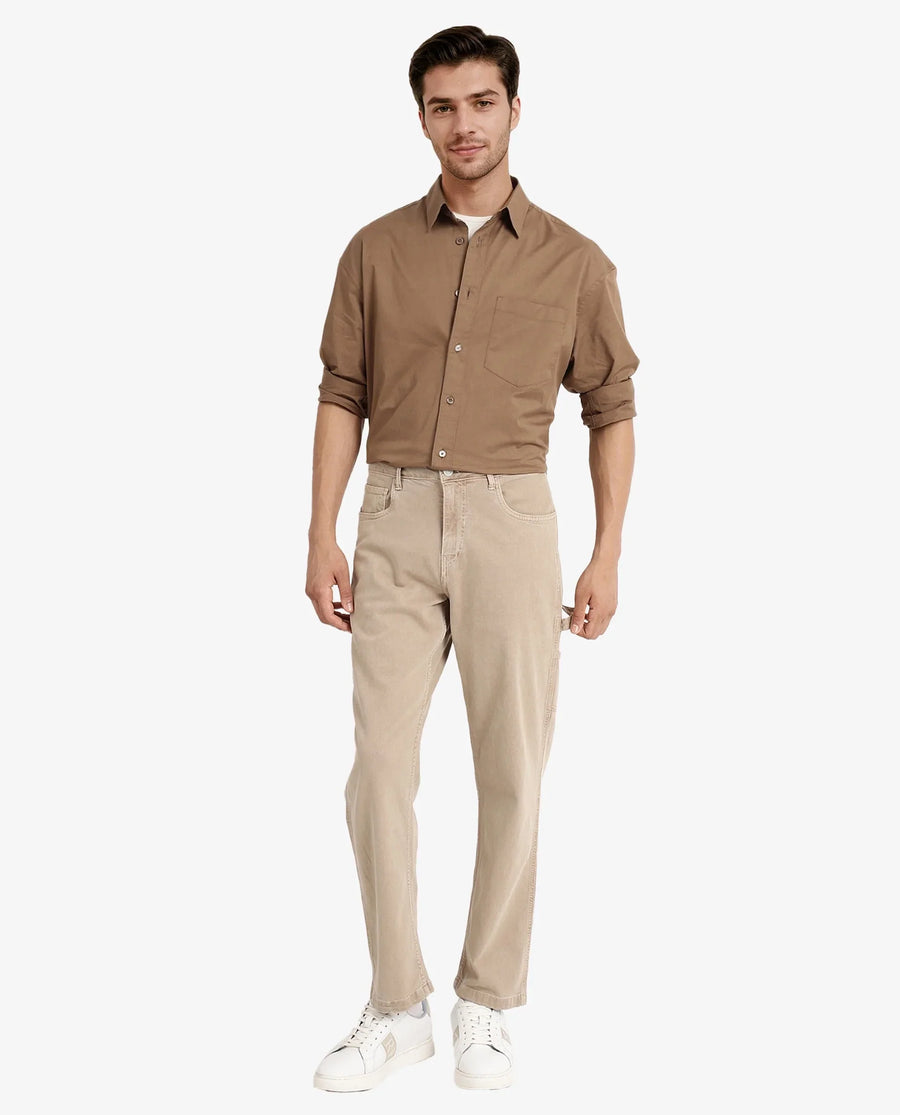 Rare Rabbit Men's Lewi Khaki Cotton Plain Boxy Fit Full Sleeve Collared Shirt