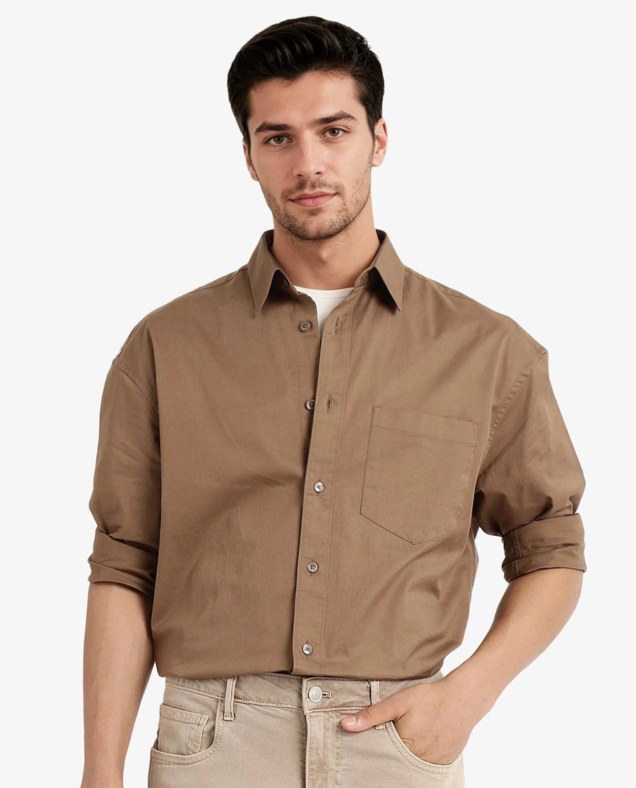Rare Rabbit Men's Lewi Khaki Cotton Plain Boxy Fit Full Sleeve Collared Shirt