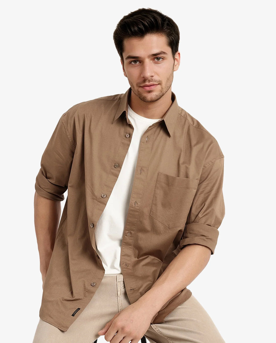 Rare Rabbit Men's Lewi Khaki Cotton Plain Boxy Fit Full Sleeve Collared Shirt