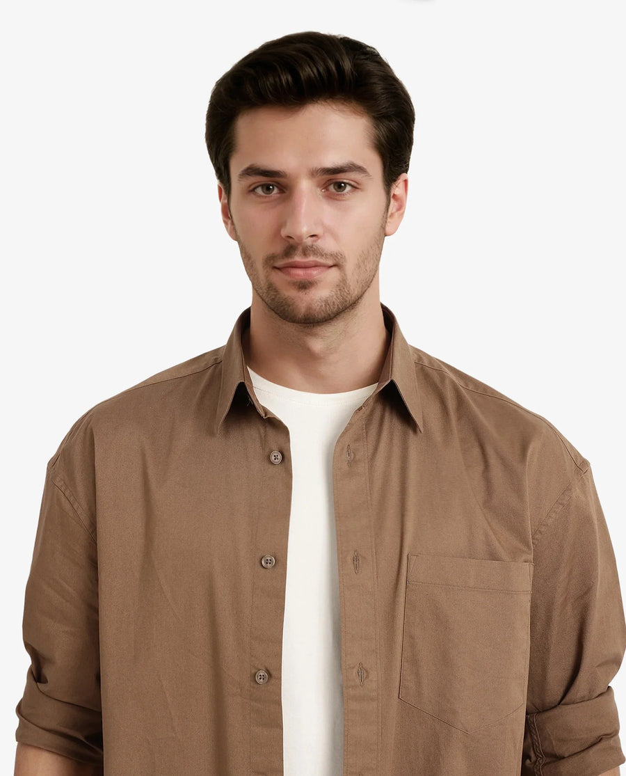 Rare Rabbit Men's Lewi Khaki Cotton Plain Boxy Fit Full Sleeve Collared Shirt