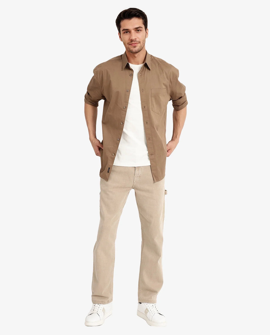 Rare Rabbit Men's Lewi Khaki Cotton Plain Boxy Fit Full Sleeve Collared Shirt