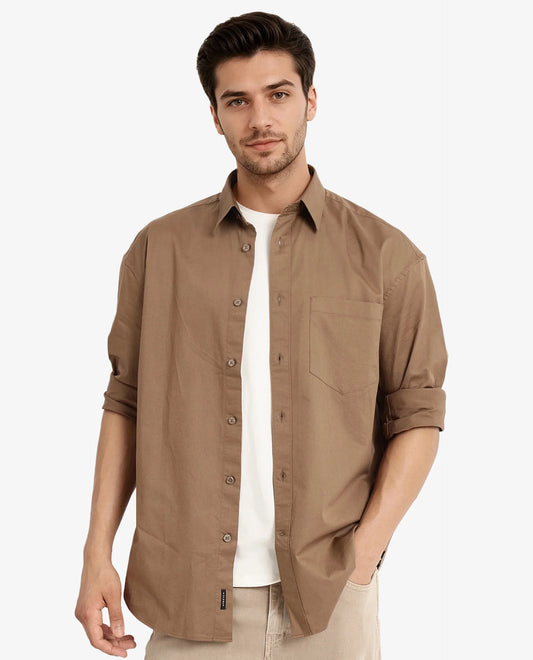 Rare Rabbit Men's Lewi Khaki Cotton Plain Boxy Fit Full Sleeve Collared Shirt