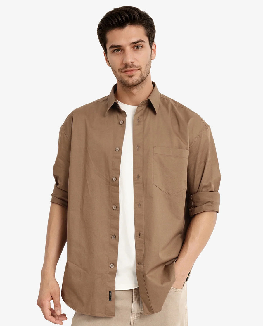 Rare Rabbit Men's Lewi Khaki Cotton Plain Boxy Fit Full Sleeve Collared Shirt