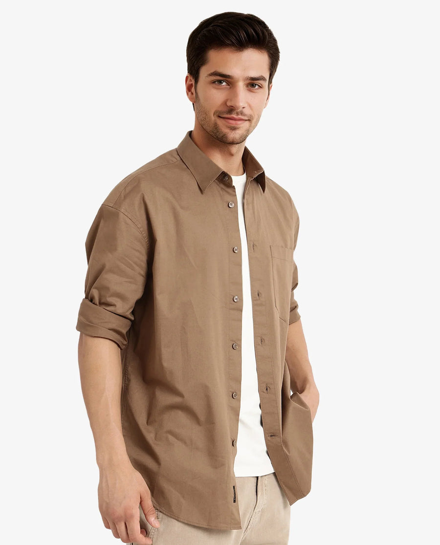 Rare Rabbit Men's Lewi Khaki Cotton Plain Boxy Fit Full Sleeve Collared Shirt