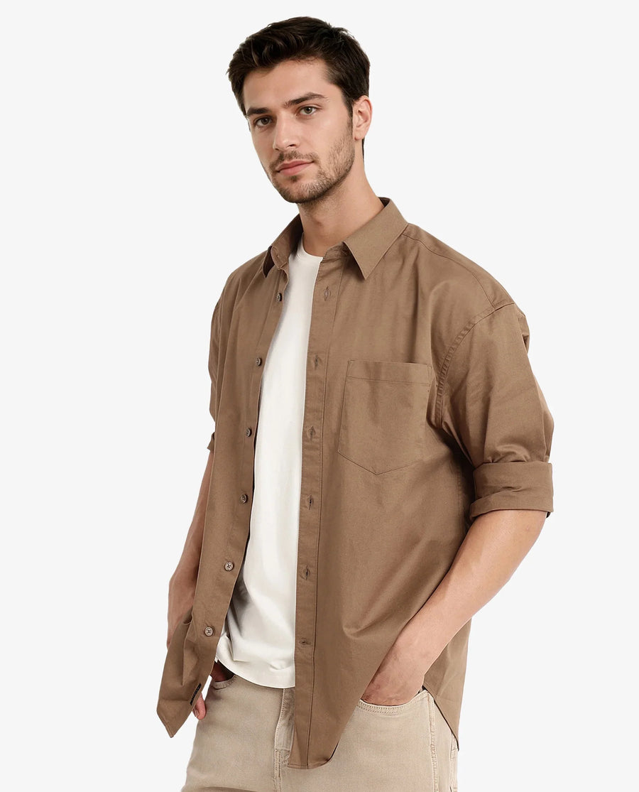 Rare Rabbit Men's Lewi Khaki Cotton Plain Boxy Fit Full Sleeve Collared Shirt