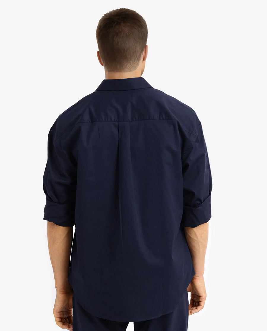 Rare Rabbit Men's Lewi Navy Cotton Plain Boxy Fit Full Sleeve Collared Shirt