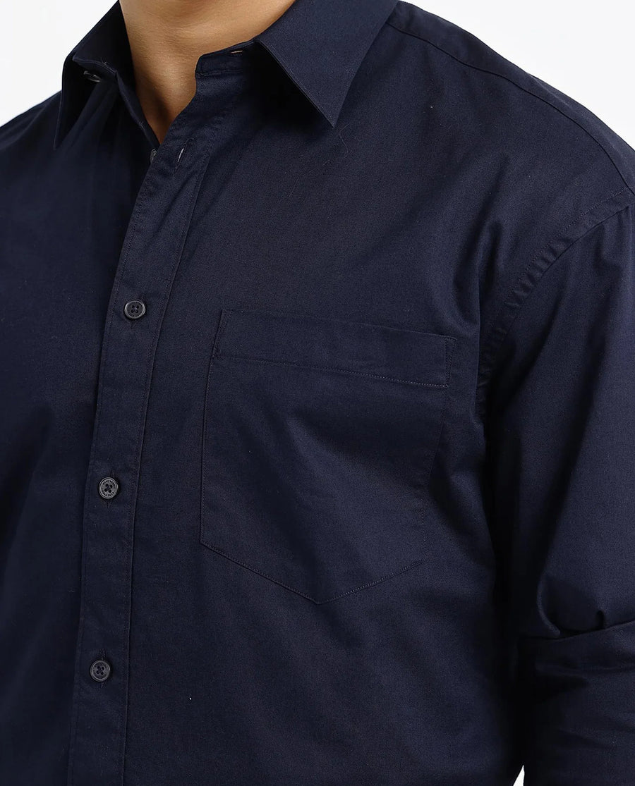 Rare Rabbit Men's Lewi Navy Cotton Plain Boxy Fit Full Sleeve Collared Shirt