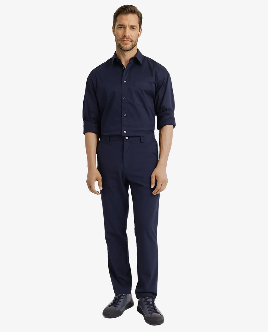 Rare Rabbit Men's Lewi Navy Cotton Plain Boxy Fit Full Sleeve Collared Shirt