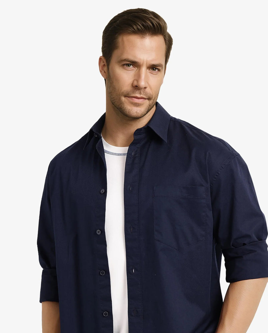 Rare Rabbit Men's Lewi Navy Cotton Plain Boxy Fit Full Sleeve Collared Shirt