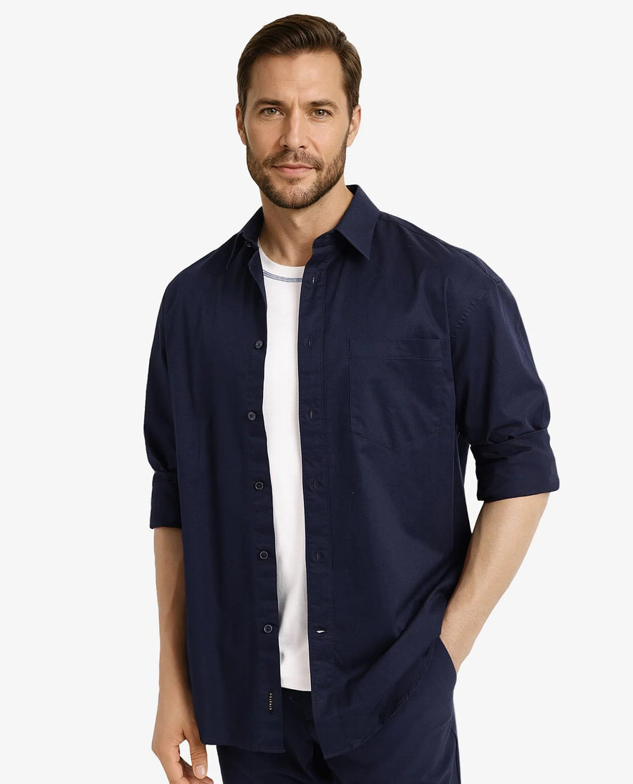 Rare Rabbit Men's Lewi Navy Cotton Plain Boxy Fit Full Sleeve Collared Shirt