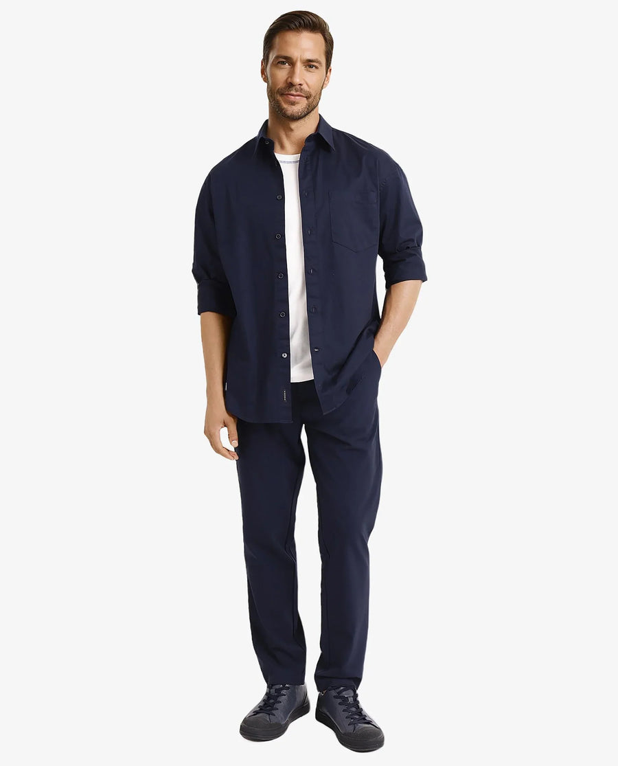 Rare Rabbit Men's Lewi Navy Cotton Plain Boxy Fit Full Sleeve Collared Shirt
