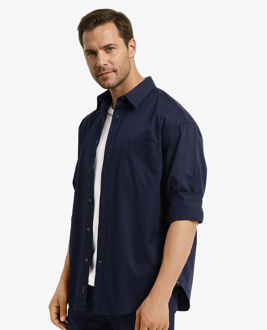 Rare Rabbit Men's Lewi Navy Cotton Plain Boxy Fit Full Sleeve Collared Shirt