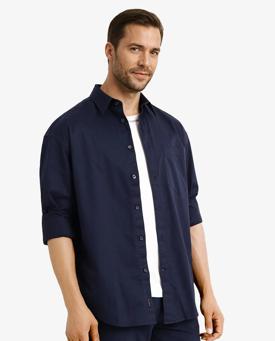 Rare Rabbit Men's Lewi Navy Cotton Plain Boxy Fit Full Sleeve Collared Shirt