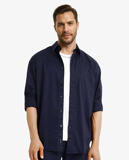 Rare Rabbit Men's Lewi Navy Cotton Plain Boxy Fit Full Sleeve Collared Shirt