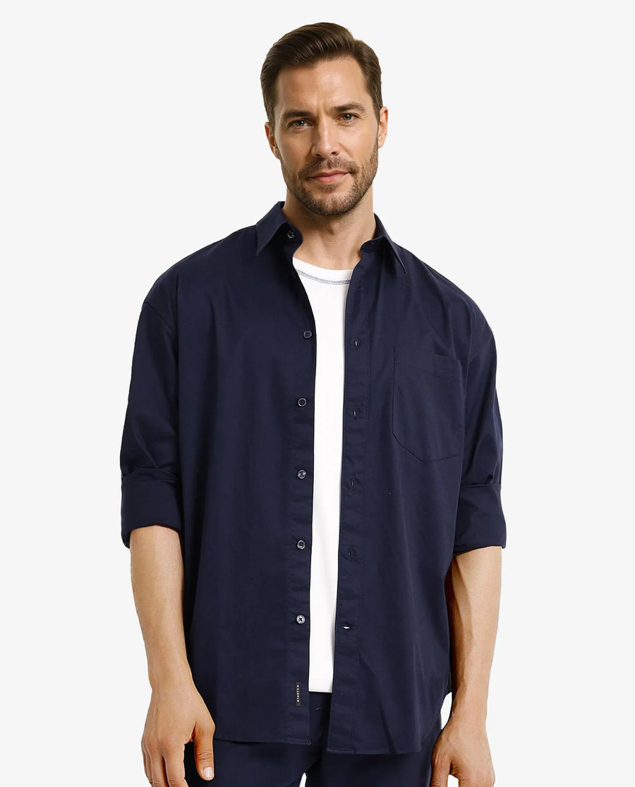 Rare Rabbit Men's Lewi Navy Cotton Plain Boxy Fit Full Sleeve Collared Shirt