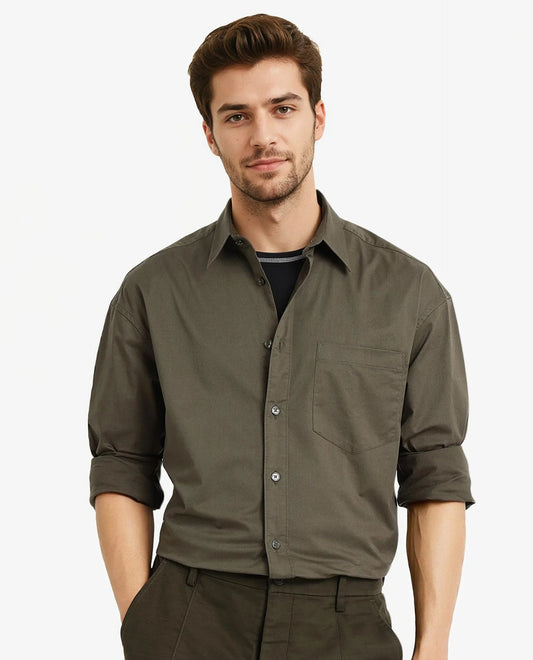 Rare Rabbit Men's Lewi Olive Cotton Plain Boxy Fit Full Sleeve Collared Shirt