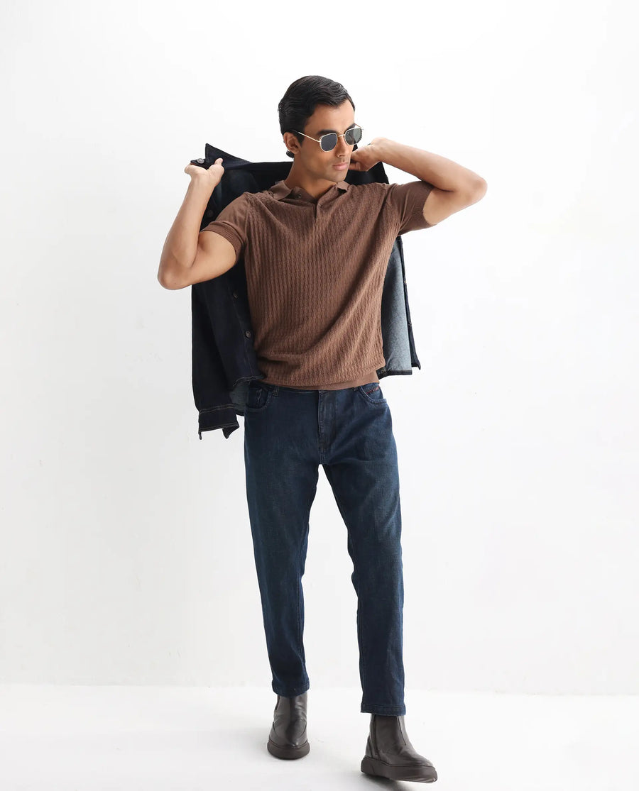 Rare Rabbit Men's Lincos Brown Cotton Jacquard Slim Fit Half Sleeve Polo