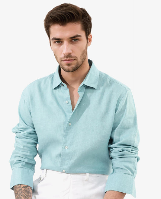 Rare Rabbit Men's Linex-1 Flouroscent Blue Linen Plain Regular Fit Full Sleeve Collared Shirt