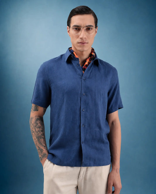 Rare Rabbit Men's Linex Ss Blue Linen Blend Fabric Half Sleeve Spread Collar Regular Plain Shirt