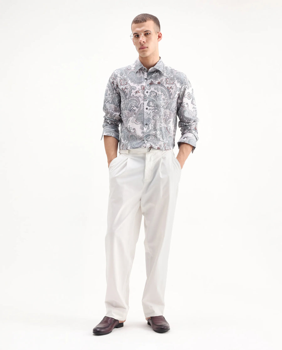 Rare Rabbit Men's Livro Off White Viscose Blend Paisley Print Regular Fit Full Sleeve Collared Shirt