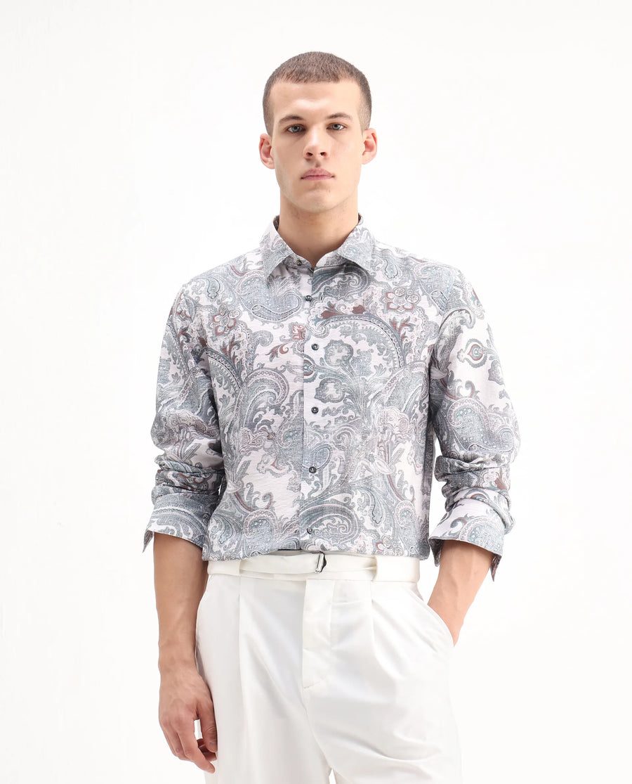 Rare Rabbit Men's Livro Off White Viscose Blend Paisley Print Regular Fit Full Sleeve Collared Shirt