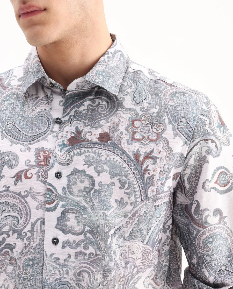 Rare Rabbit Men's Livro Off White Viscose Blend Paisley Print Regular Fit Full Sleeve Collared Shirt
