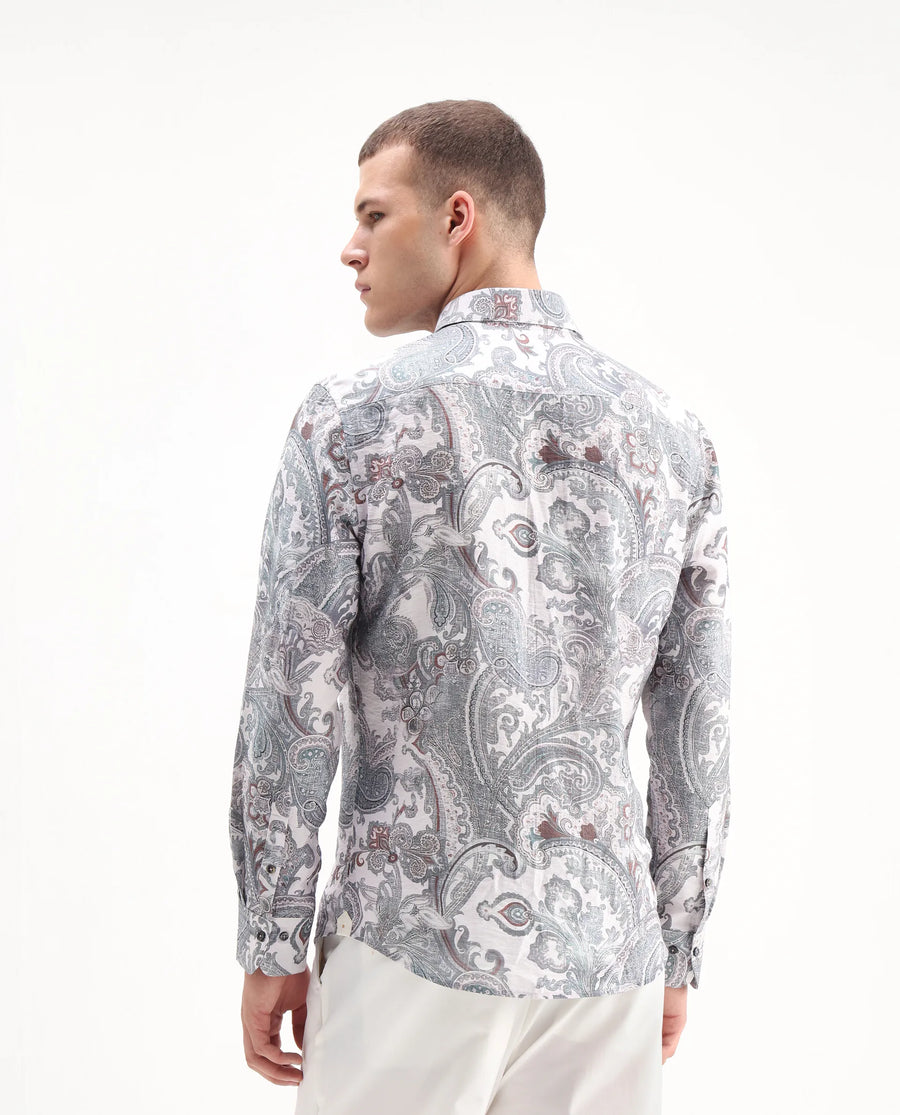 Rare Rabbit Men's Livro Off White Viscose Blend Paisley Print Regular Fit Full Sleeve Collared Shirt