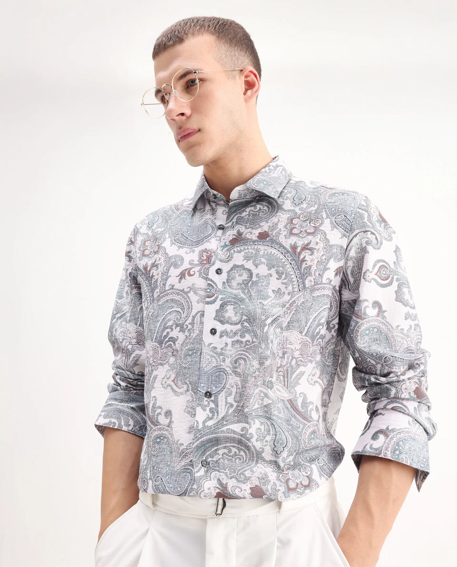 Rare Rabbit Men's Livro Off White Viscose Blend Paisley Print Regular Fit Full Sleeve Collared Shirt