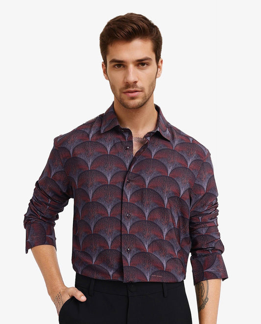 Rare Rabbit Men's Lizan Maroon Viscose Abstract Print Regular Fit Full Sleeve Collared Shirt