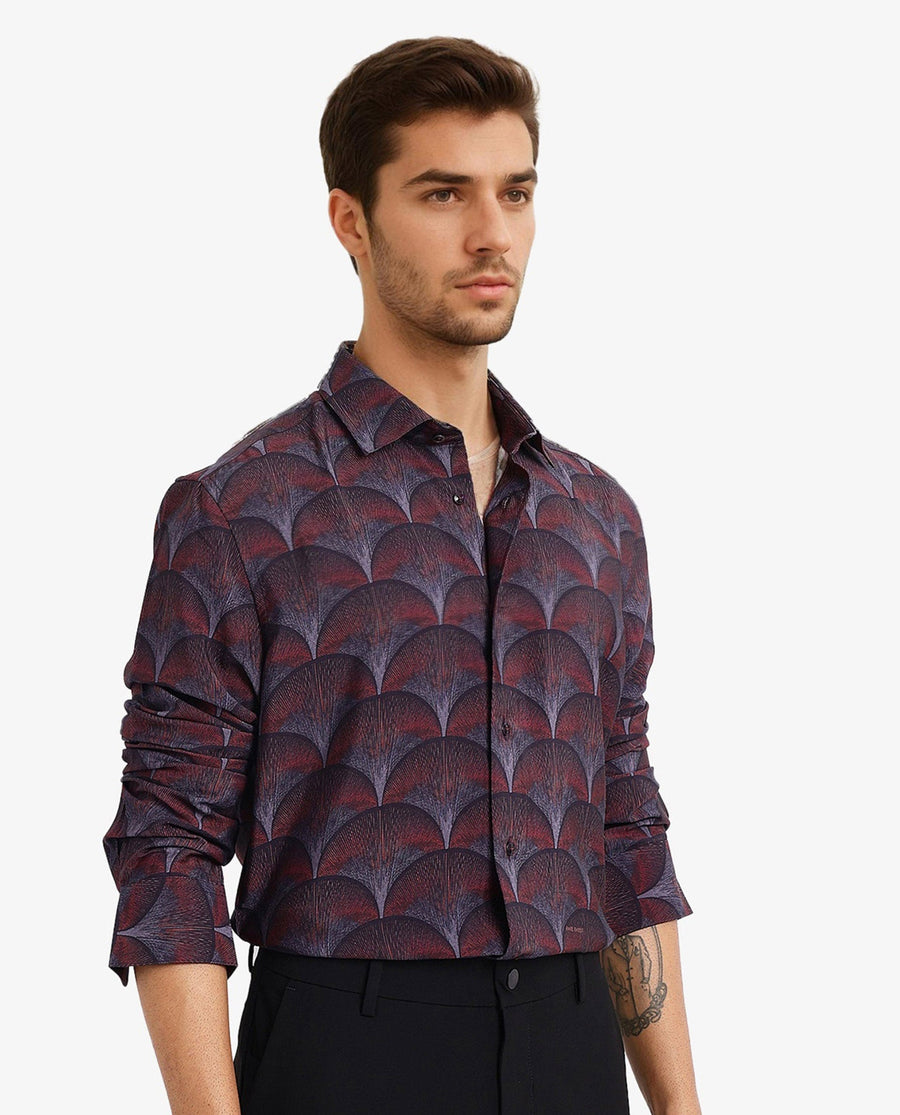 Rare Rabbit Men's Lizan Maroon Viscose Abstract Print Regular Fit Full Sleeve Collared Shirt