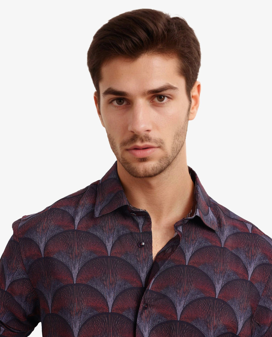 Rare Rabbit Men's Lizan Maroon Viscose Abstract Print Regular Fit Full Sleeve Collared Shirt