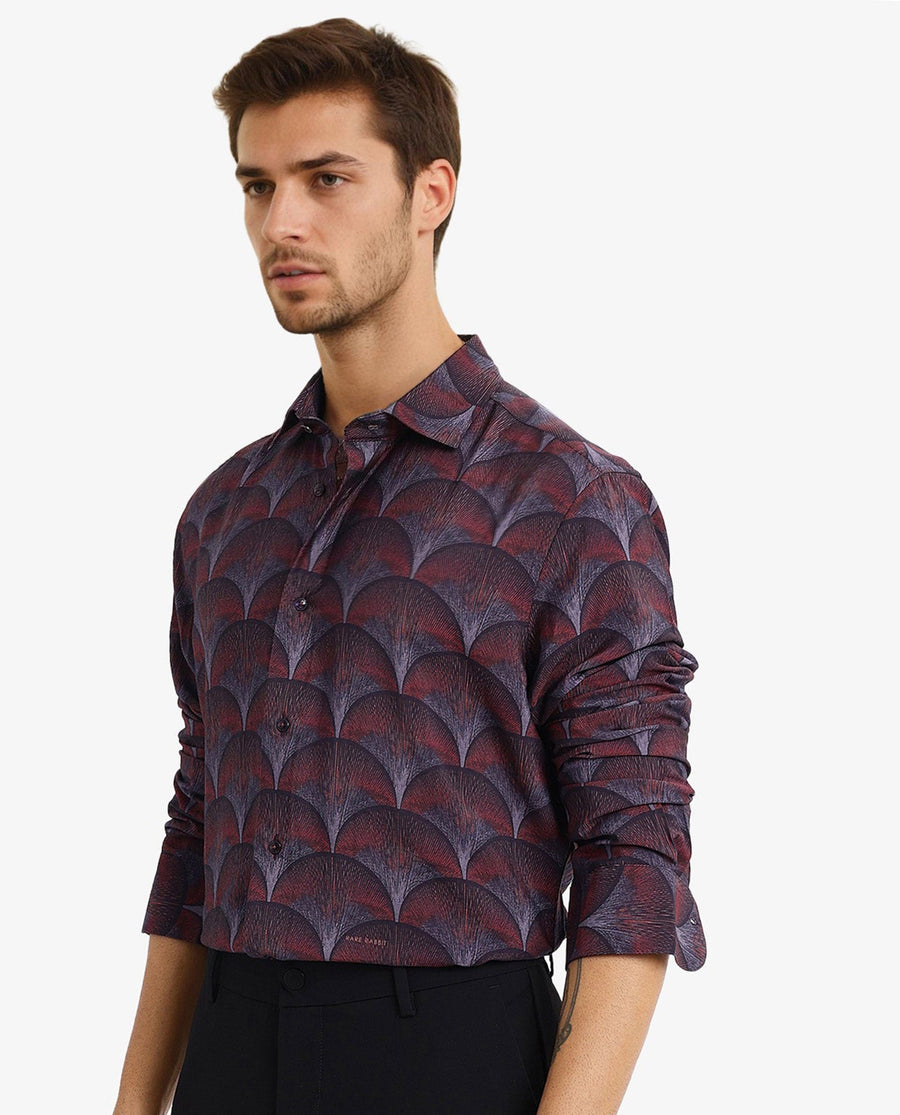 Rare Rabbit Men's Lizan Maroon Viscose Abstract Print Regular Fit Full Sleeve Collared Shirt