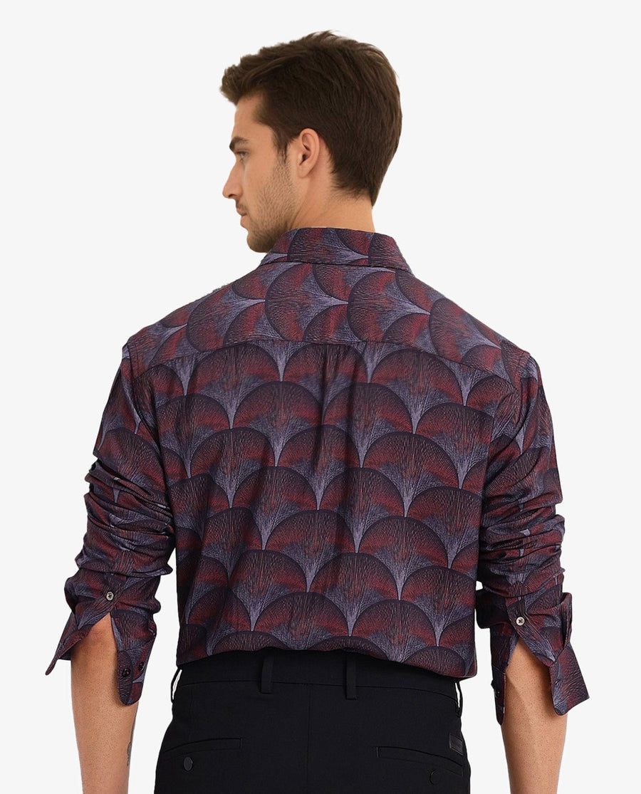 Rare Rabbit Men's Lizan Maroon Viscose Abstract Print Regular Fit Full Sleeve Collared Shirt