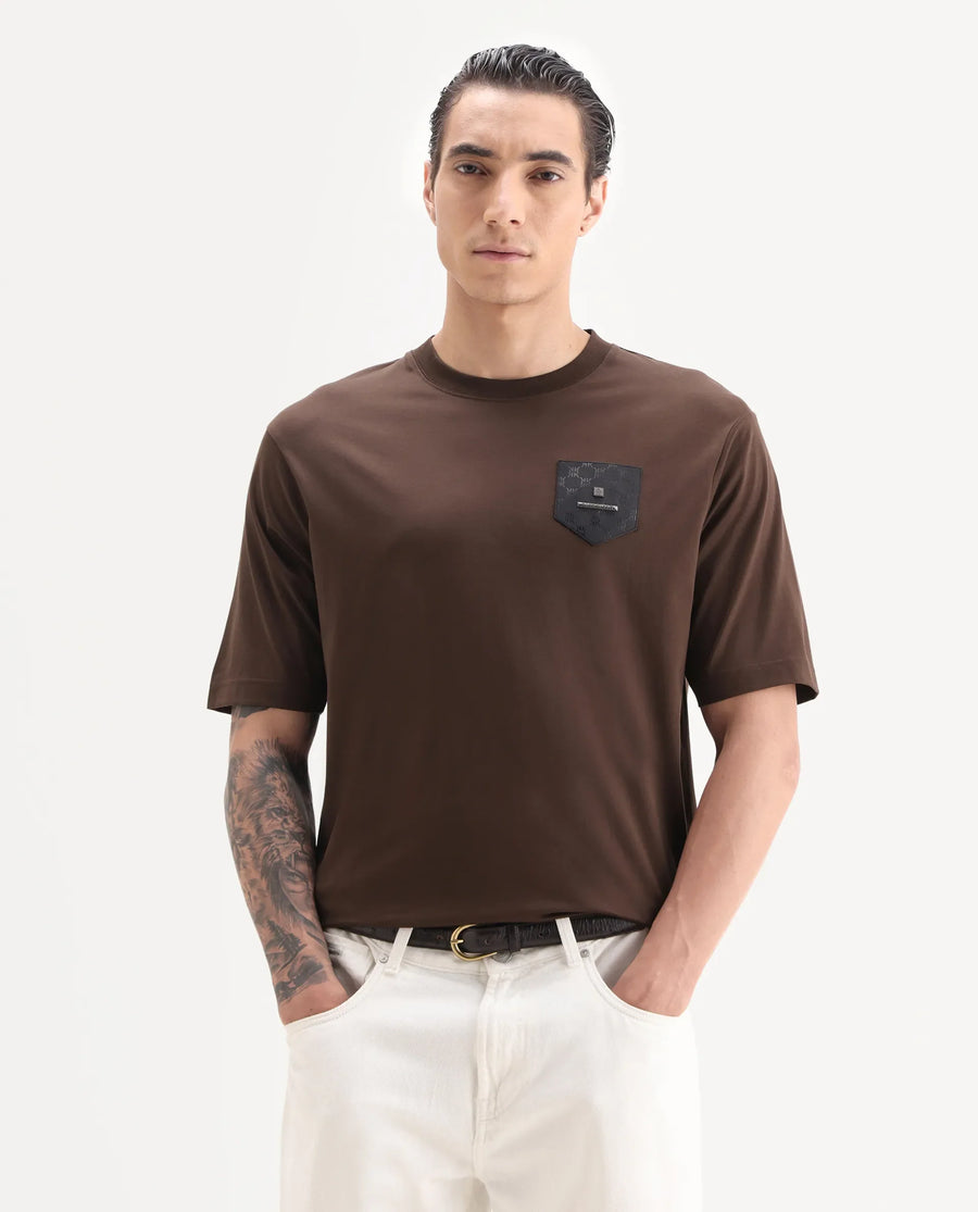 Rare Rabbit Men's Loi Dark Brown Cotton Fabric Hlaf Sleeve Crew Neck Label Print T-Shirt