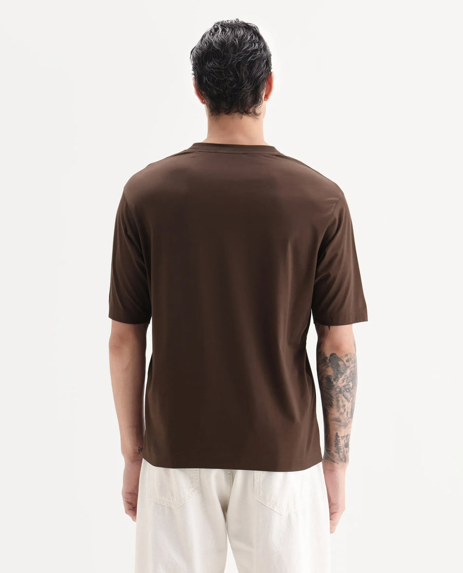 Rare Rabbit Men's Loi Dark Brown Cotton Fabric Hlaf Sleeve Crew Neck Label Print T-Shirt