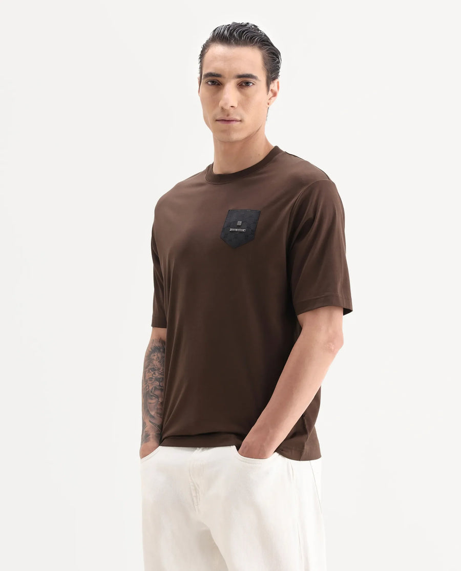 Rare Rabbit Men's Loi Dark Brown Cotton Fabric Hlaf Sleeve Crew Neck Label Print T-Shirt