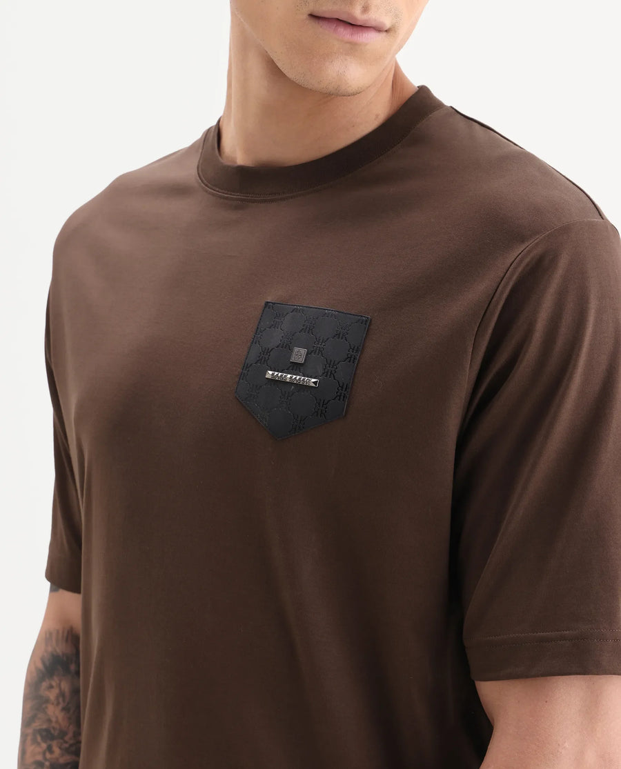 Rare Rabbit Men's Loi Dark Brown Cotton Fabric Hlaf Sleeve Crew Neck Label Print T-Shirt