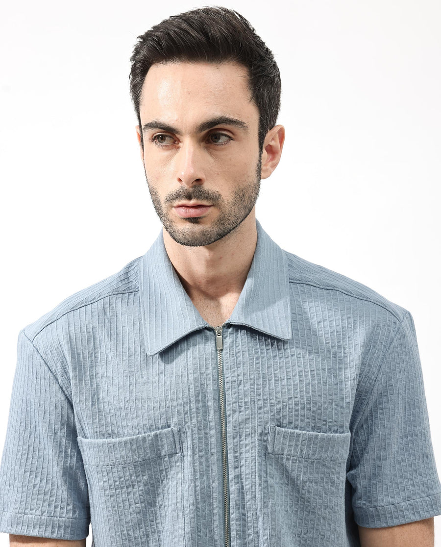 Rare Rabbit Men's Loomz Dusky Blue Cotton Textured Boxy Fit Half Sleeve Collared Shirt