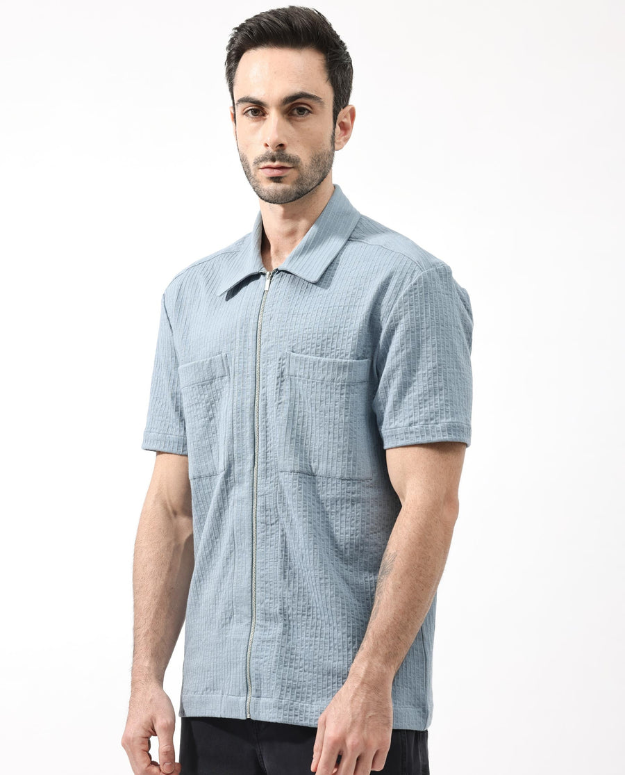Rare Rabbit Men's Loomz Dusky Blue Cotton Textured Boxy Fit Half Sleeve Collared Shirt